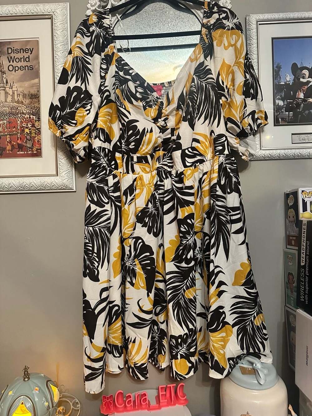 Flying Tomato Tropical Leaf Print Puff Sleeve Midi Dress 3X Black White Gold